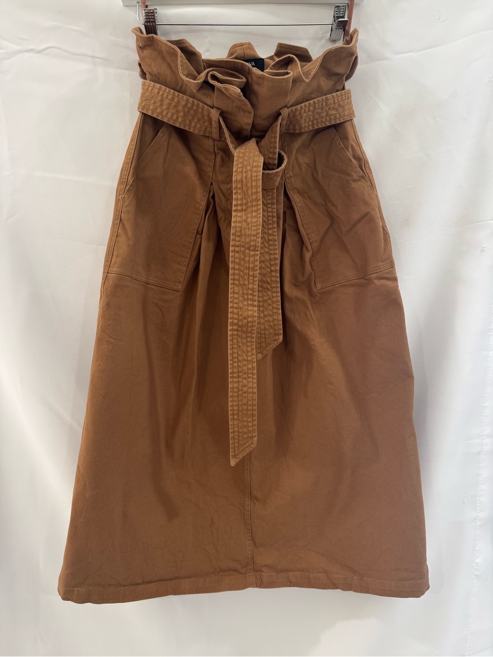 Paperbag Waist Midi Skirt with Tie Belt - Brown